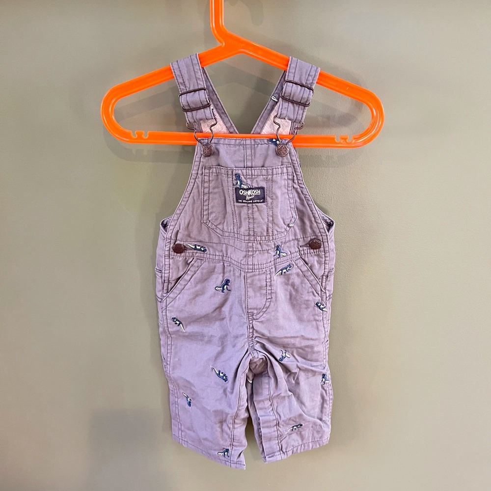Oshkosh B'gosh Baby Boy Dino‎ Print Overalls Size 9M Lavender Gray